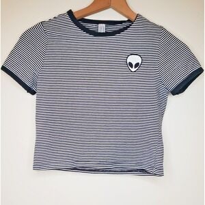Y2K Alt Alien Patch Striped Baby Tee Sz XS/S Cropped Indie Whimsigoth 90s UFO